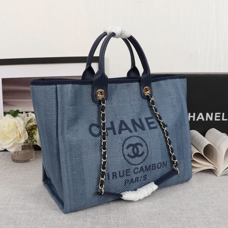 Ch*el woven straw raffia striped medium deauville tote