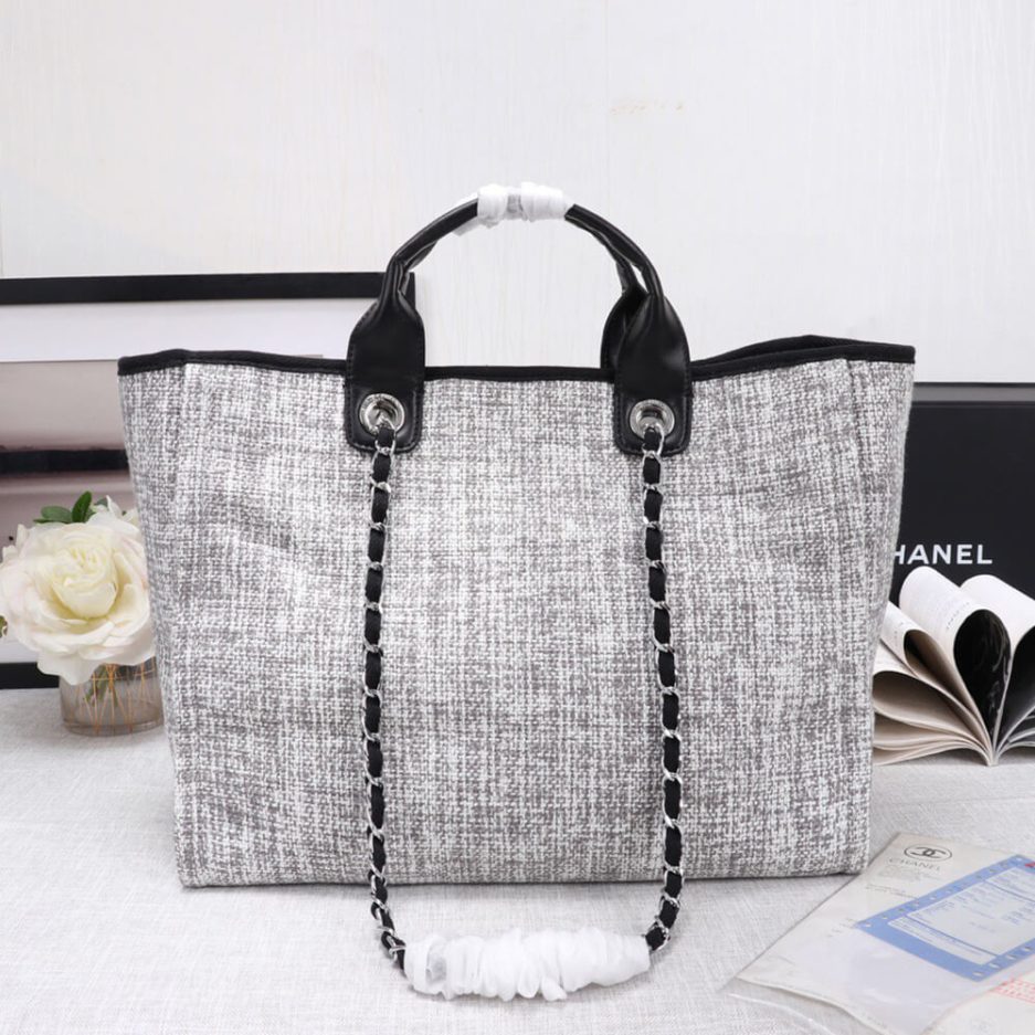 Ch*el woven straw raffia striped medium deauville tote